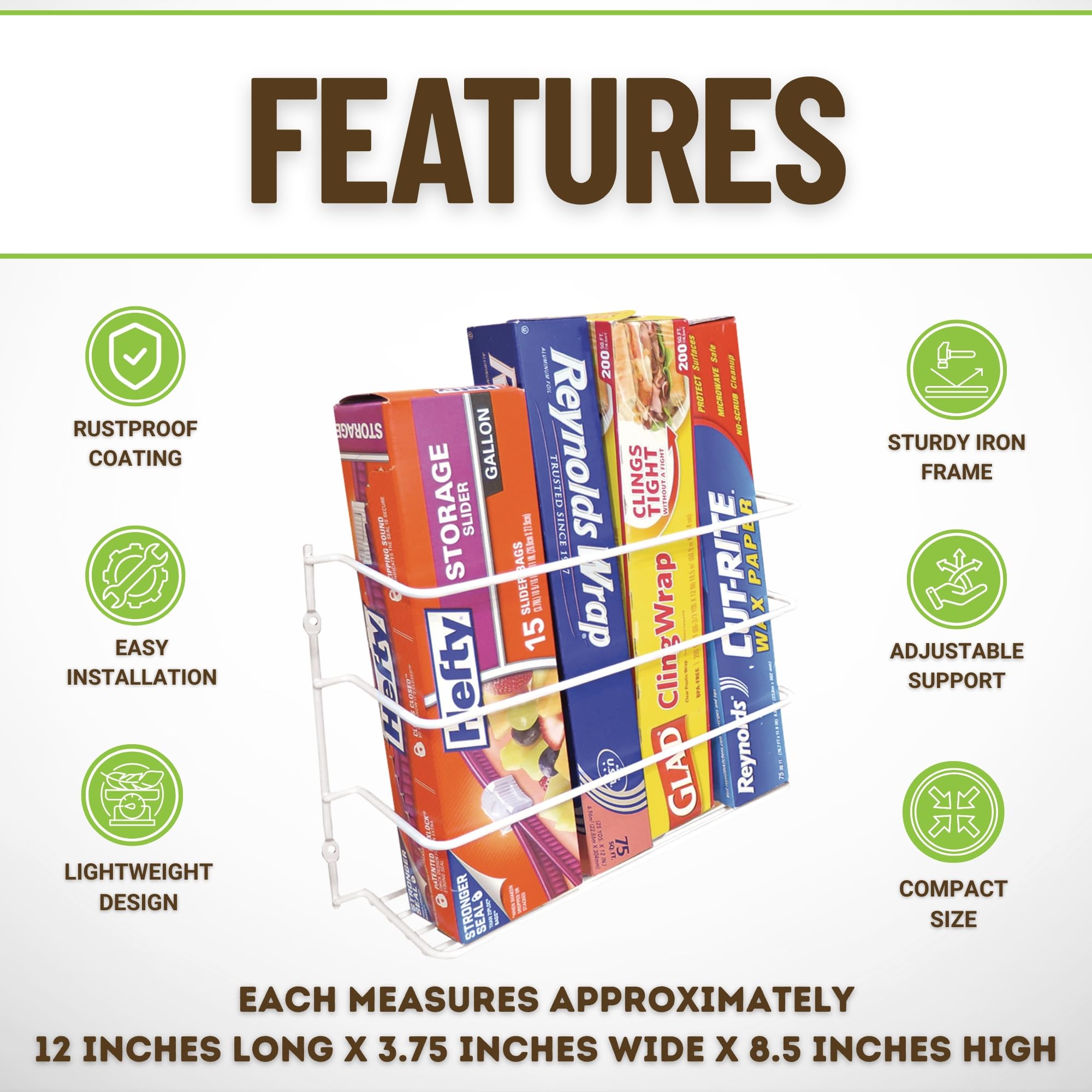 Evelots Wall/Door Mount Kitchen Wrap Organizer Rack-Space Saver, Chrome or White