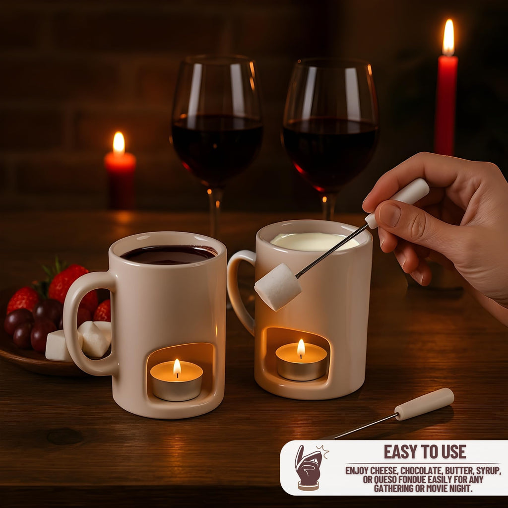 Evelots Mini Fondue Pot Set/Personal Fondue Mugs-Chocolate/Cheese/14-Piece Fondue Maker Gift Set/2 Ceramic Mugs/Forks/Candles