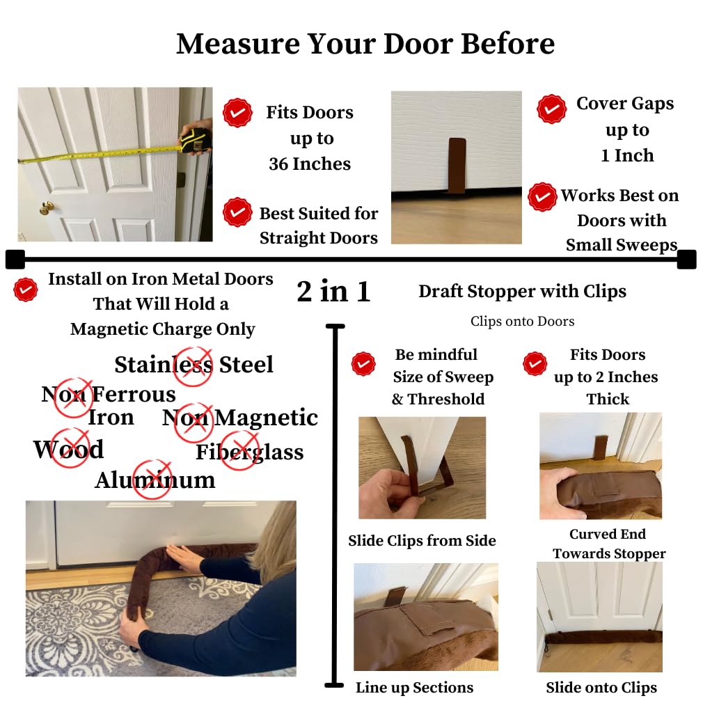 Evelots 2 in 1 Door Draft Stopper, Magnets for Steel Door-Clips for Regular Door