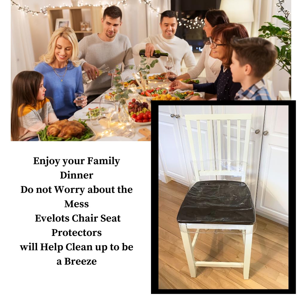 Evelots Clear Vinyl Chair Seat Covers Protector- 4 Pack Plastic Slipcovers w/Adjustable Strap -No Dust, Pet Hair, Cat Claws- Fits Kitchen, Dining Room Chairs Up to 17" Wide, Easy Clean