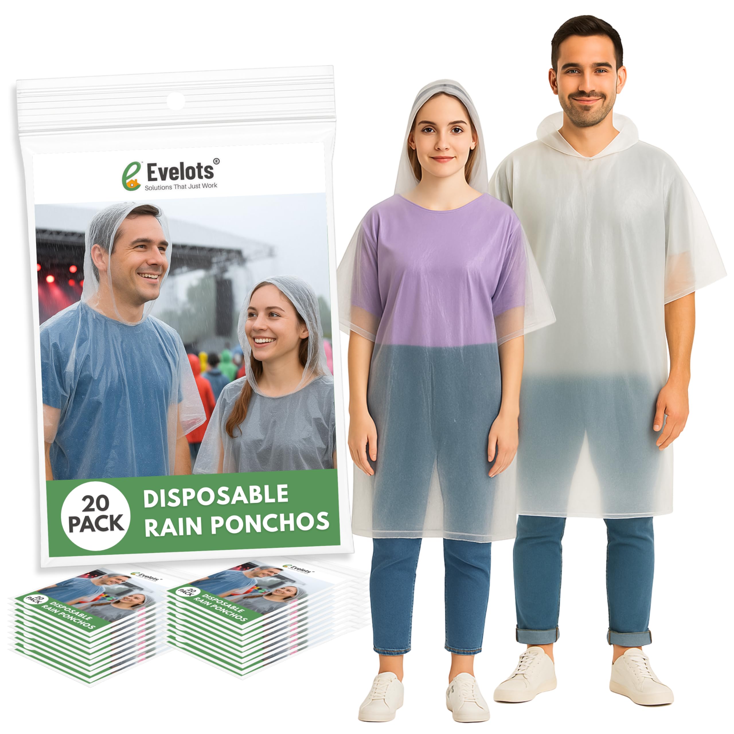 Evelots Rain Poncho for Adults - Disposable Raincoats with Hood -20 or 40 Pack, Unisex, Durable Thick Clear Plastic