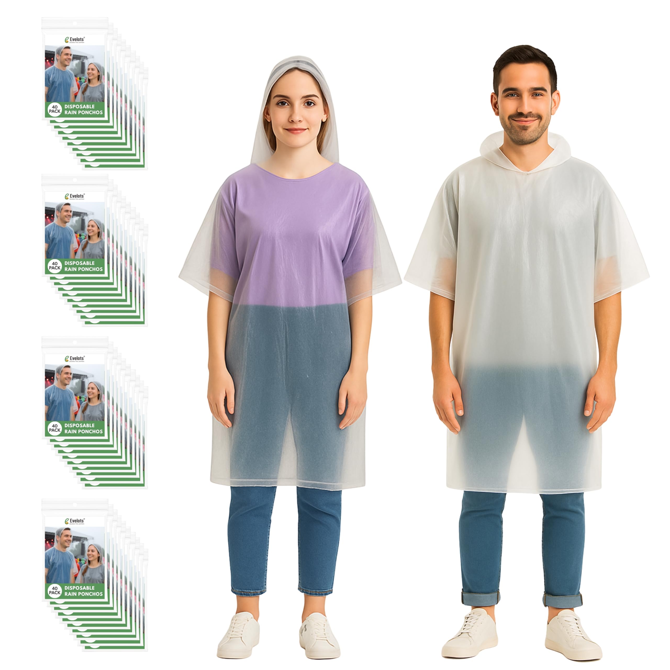 Evelots Rain Poncho for Adults - Disposable Raincoats with Hood -20 or 40 Pack, Unisex, Durable Thick Clear Plastic