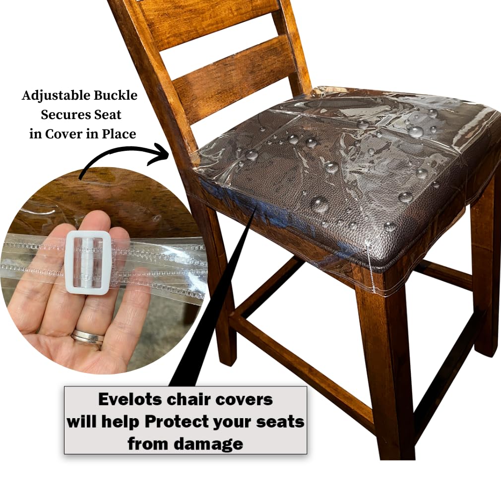 Evelots Clear Vinyl Chair Seat Covers Protector- 4 Pack Plastic Slipcovers w/Adjustable Strap -No Dust, Pet Hair, Cat Claws- Fits Kitchen, Dining Room Chairs Up to 17" Wide, Easy Clean