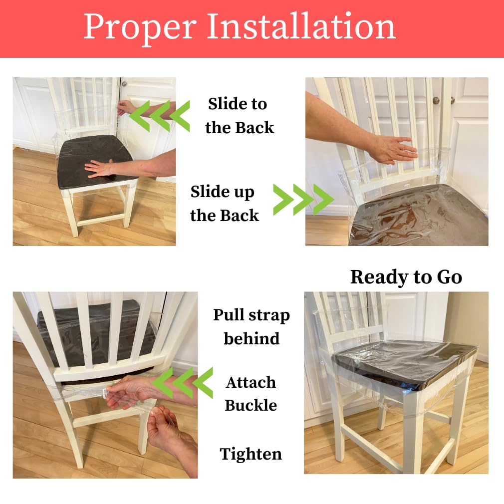 Evelots Clear Vinyl Chair Seat Covers Protector- 4 Pack Plastic Slipcovers w/Adjustable Strap -No Dust, Pet Hair, Cat Claws- Fits Kitchen, Dining Room Chairs Up to 17" Wide, Easy Clean